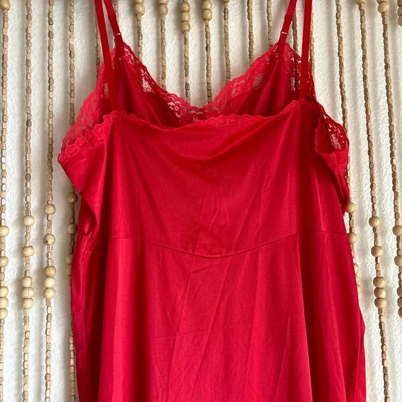 Vintage Red Lace Trim Silky Tank Slip Lingerie Dress - Picture 4 of 5